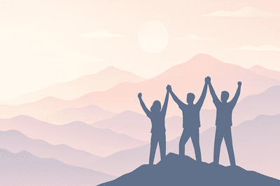 Silhouettes of people celebrating success on a mountain